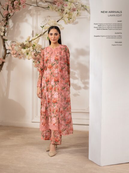 Coral Bloom Embroidered Digital Printed Lawn 3‑Piece Suit