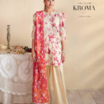Cream & Coral Floral 3‑Piece Unstitched Lawn Suit